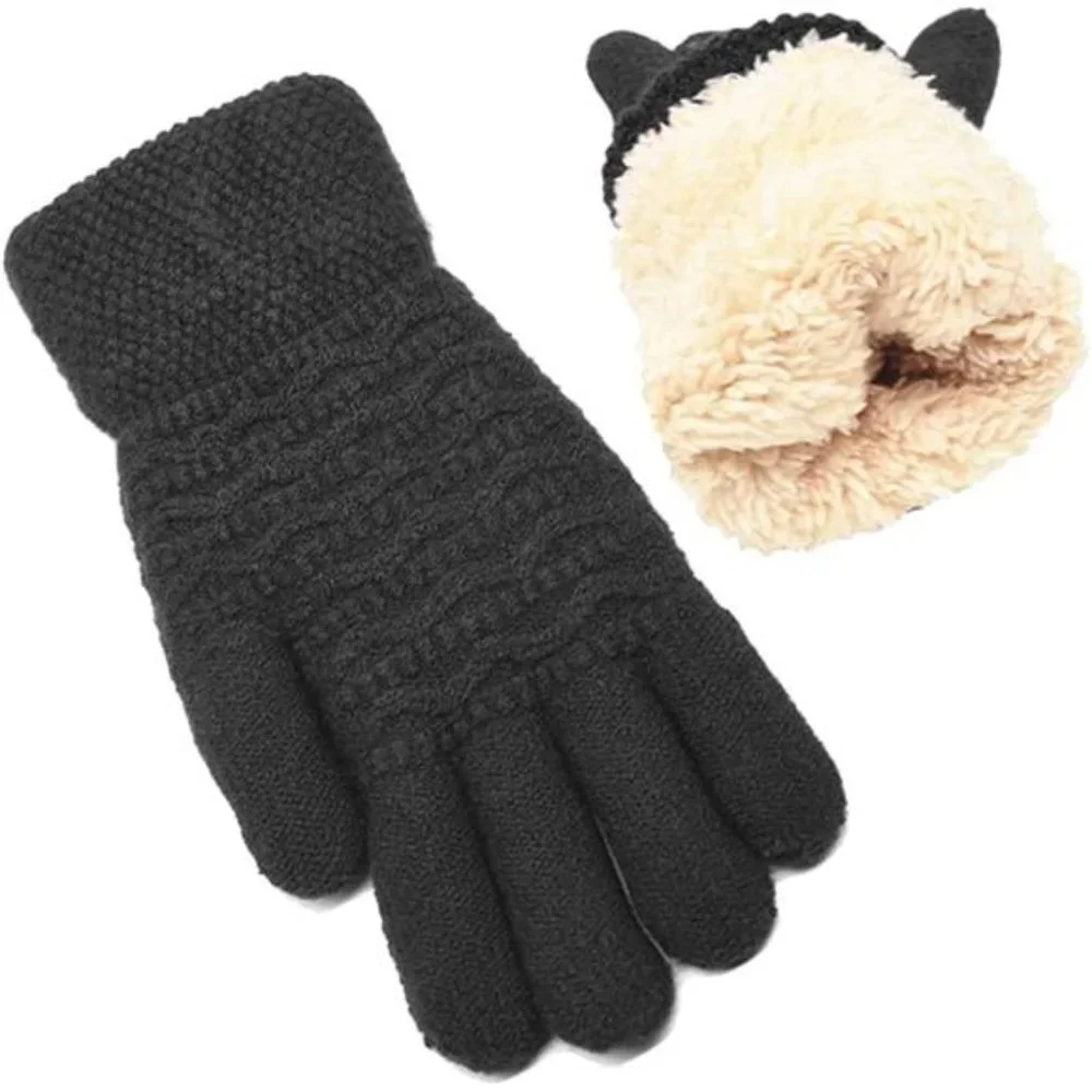 Women's Thermal Cable Knit Wool Fleece Lined Glove for Cold Weather, Black